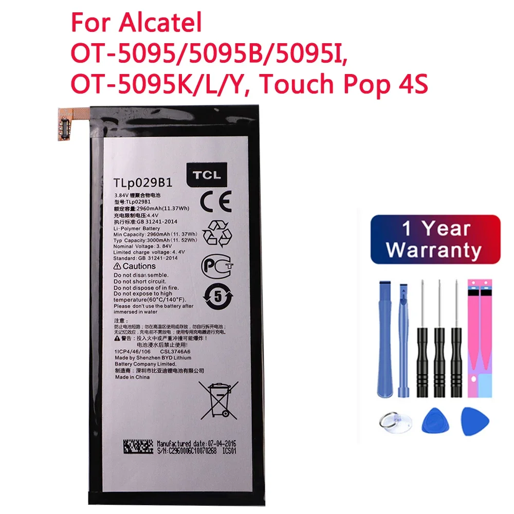 

100% Original TLp029B1 2960mAh For Alcatel OT-5095/5095B/5095I, OT-5095K/L/Y, Touch Pop 4S Li-ion Built-in Mobile Phone Battery