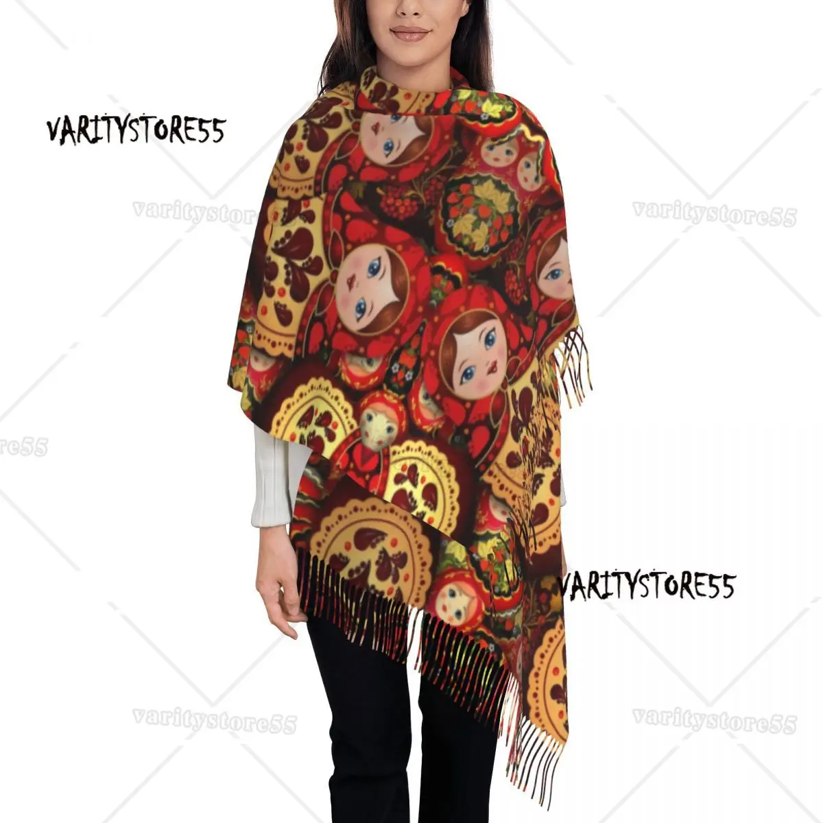 Russia Matryoshka Doll Tassel Scarf Women Soft Russian Folk Art Babushka Pattern Shawls Wraps Lady Winter Scarves