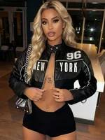 Weird Puss PU Patchwork Women Jacket Letter Print Hipster Button Zip Full Sleeve Trend Cool Street  Spring Outwear Crop Coat