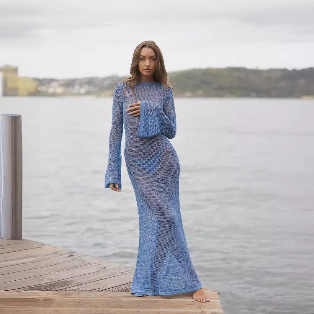 2024 Beach Cover Up Crochet Tunic Bikini Cover-ups Long Sleeve Sexy Hollow Out See Through Maxi Knit Dress Women Summer Outfits