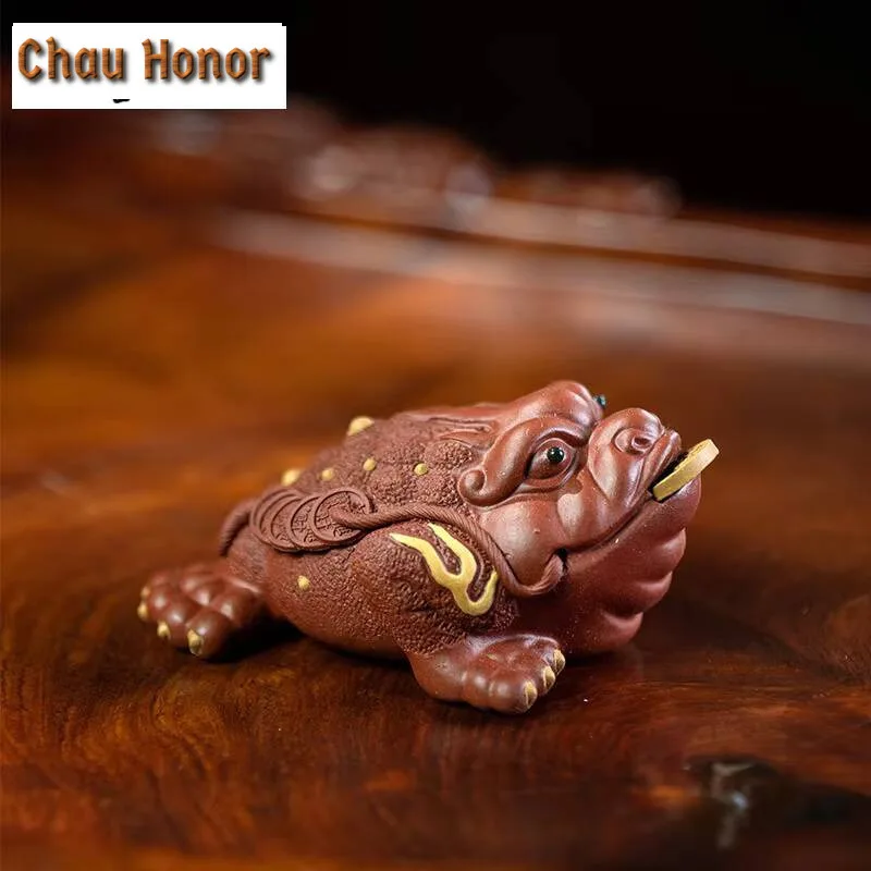 Boutique Purple Clay Tea Pet Lucky Golden Toad Statue Tea Figurine Ornaments Handmade Crafts Tea Set Decoration Accessories