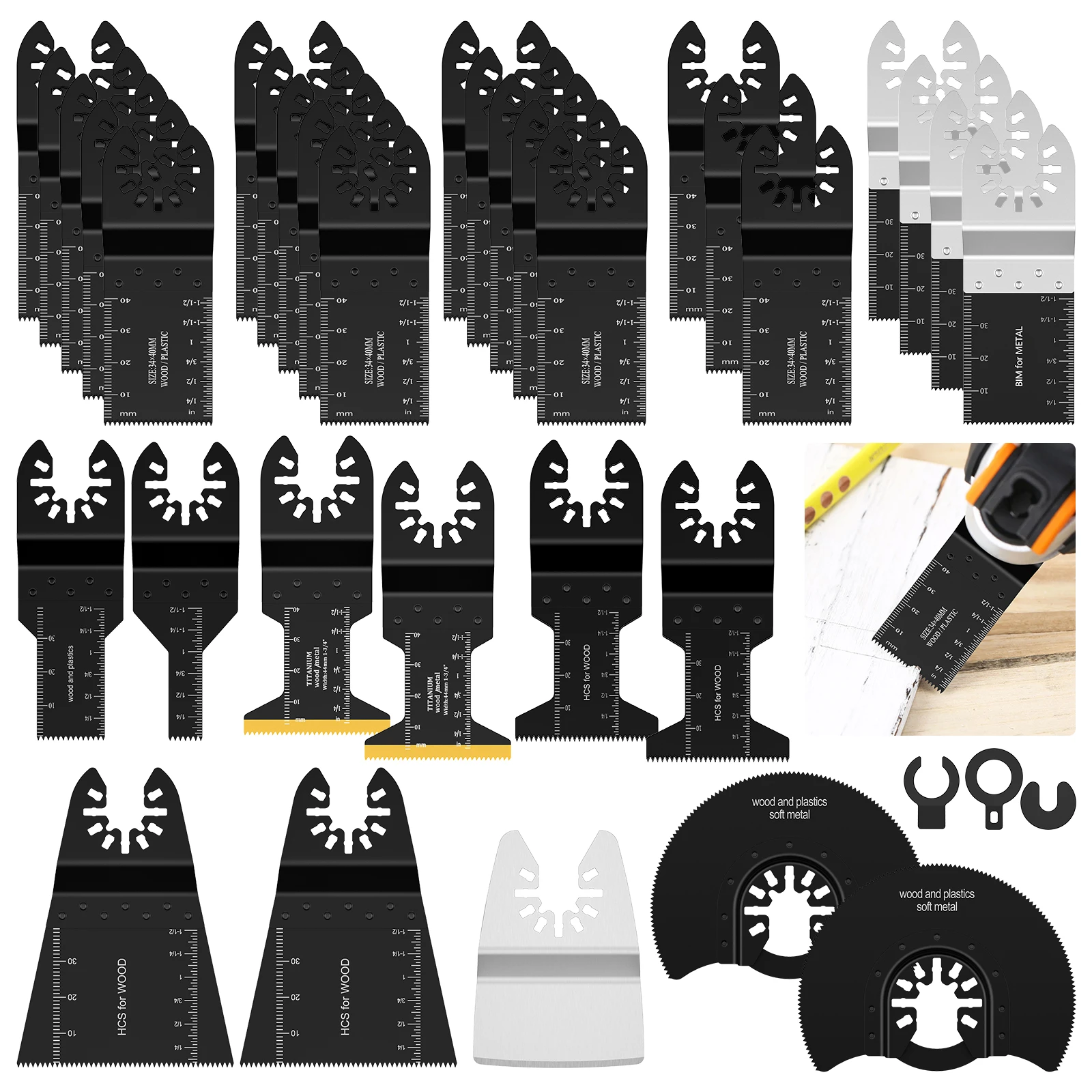 8/33Pcs Oscillating Saw Blade Set Universal Titanium Bimetal Oscillating Multitool Blades with 3 Adapters for Cutting Metal Wood
