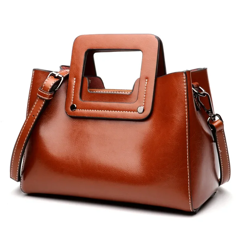 Borsa a tracolla portatile da donna alla moda Senso del design Borsa a tracolla in vera pelle ad alta capacità con una spalla in cera d'olio_voghion.com