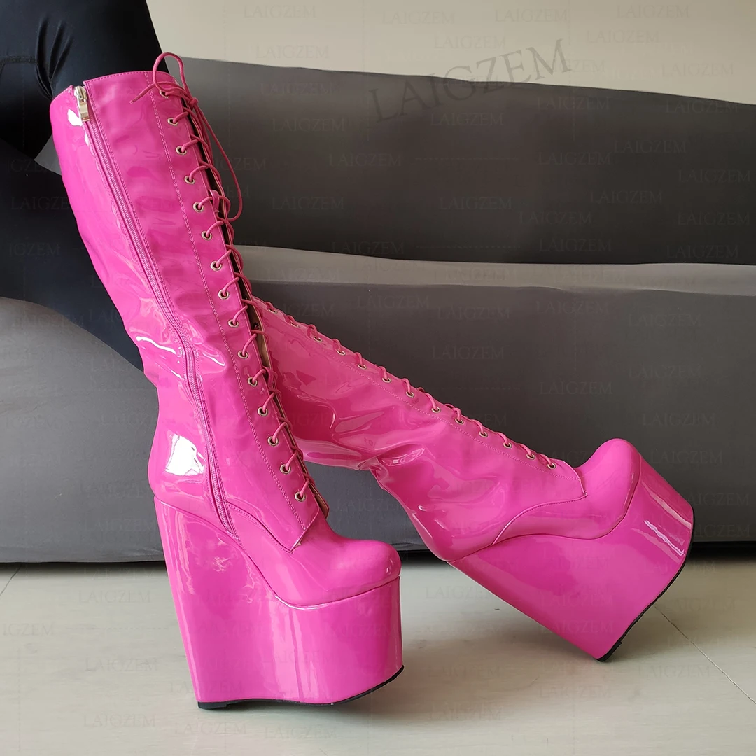 Women Knee High Boots 20cm High Heels Platform Wedges Side Zip Up