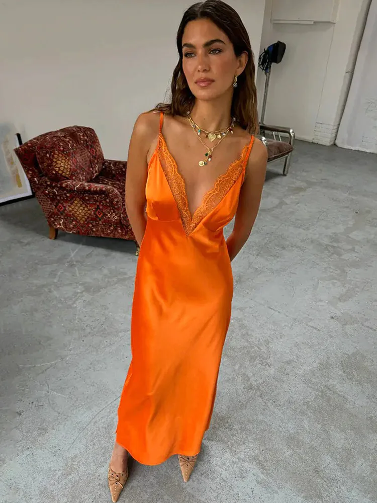 Apprabant Women's Lace Patchwork Satin Maxi Slip Dress Deep V-Neck Sexy Backless Sleeveless Contrast Slim Long Dress Partywear 3