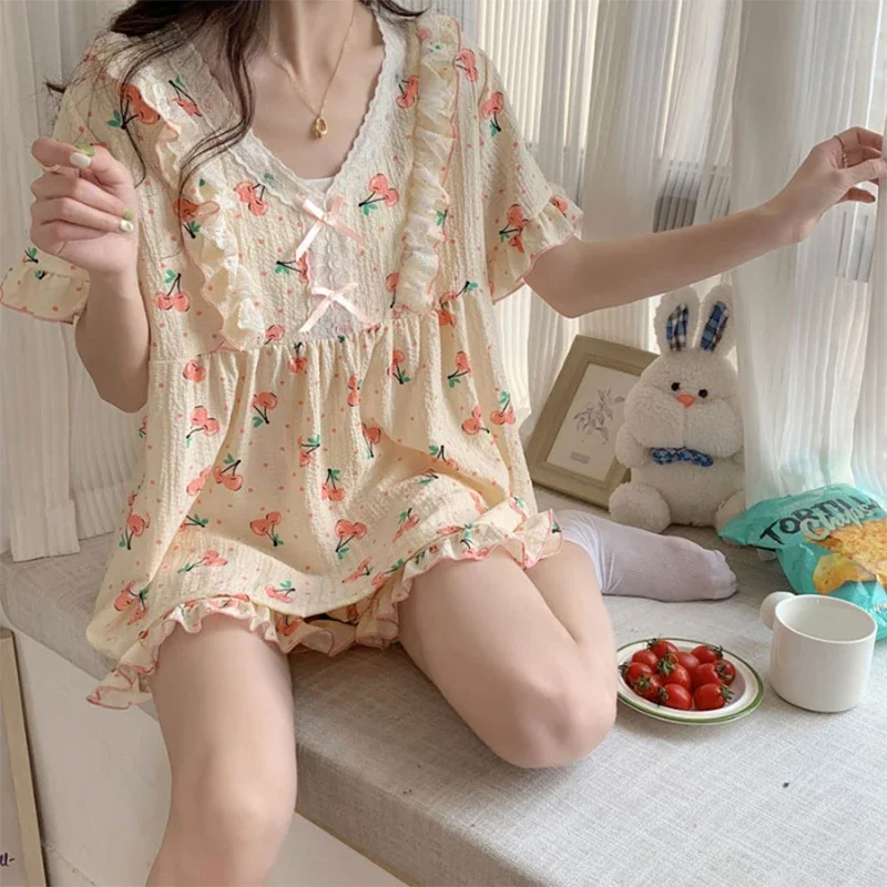 

Cute Print Women's Pajama Set Korea Style Short Sleeve Ladies Sleepwear 2 Pcs with Shrots Summer Thin Cherry Print Homewear
