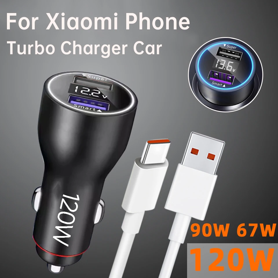 Caricabatterie USB per Auto Xiaomi 120W 20V 6A, Ricarica Turbo 67W 90W, Caricatore Automatico per Telefoni Mi 15 13t 14 Ultra Poco X7 F8 Redmi Note 12t