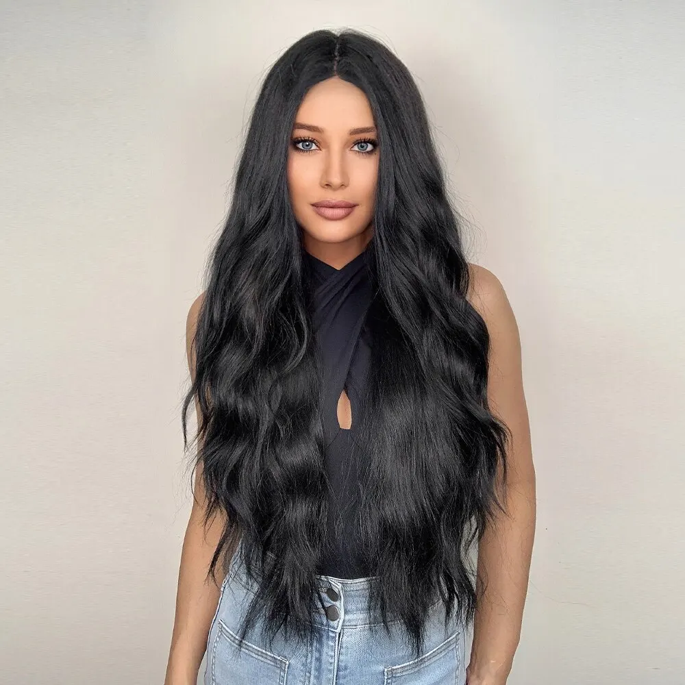 Black Wave Wigs for Women Long Natural Curly Wig Middle Part Synthetic Wig Heat Resistant Fake Hair Daily Party Use