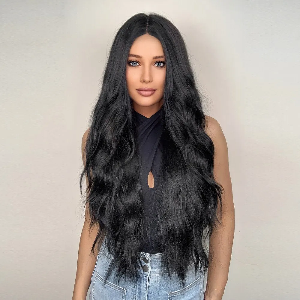 Black Wave Wigs for Women Long Natural Curly Wig Middle Part Synthetic Wig Heat Resistant Hair Daily Party Use_voghion.com