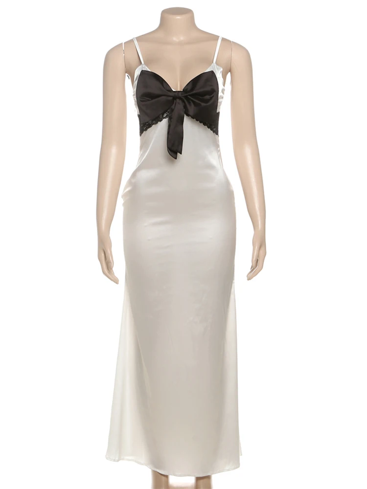 Nibber Hipster Chic Bow Jacquard Dress Women Simple Sleeveless V-Neck Midnight Banquet Party Vacation Stretch Elegant Vestidos