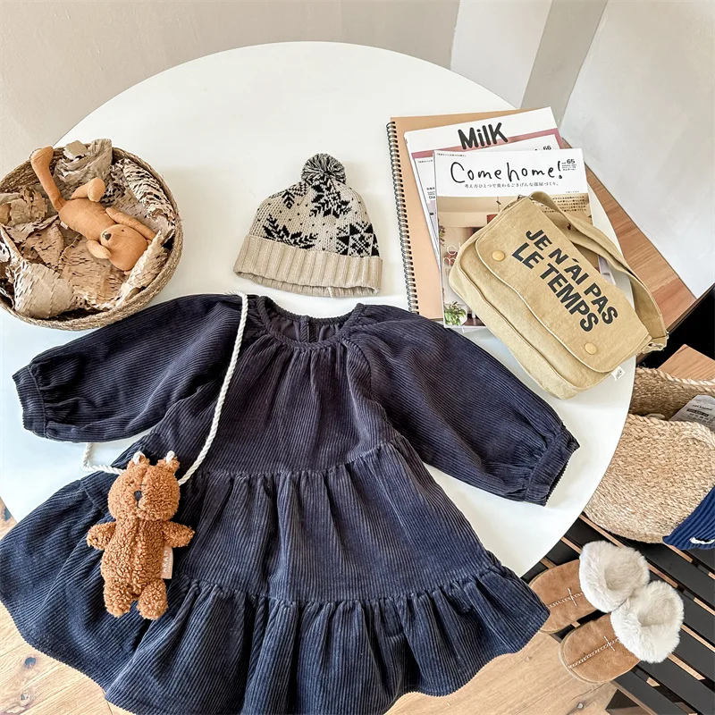 

2024 Girls Midi Long Corduroy Dress Grey Khaki Loose Clothes Auutmn Spring New Mermaid Ruffles Dresses 1 2 3 4 5 6 7 8 9 Years