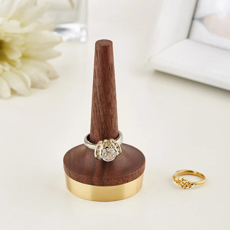 Jewelry Stand Wooden Black Walnut Brass Stereoscopic Cone Creative Design Wood Ring Holder Artistic Style Ring Display Stand