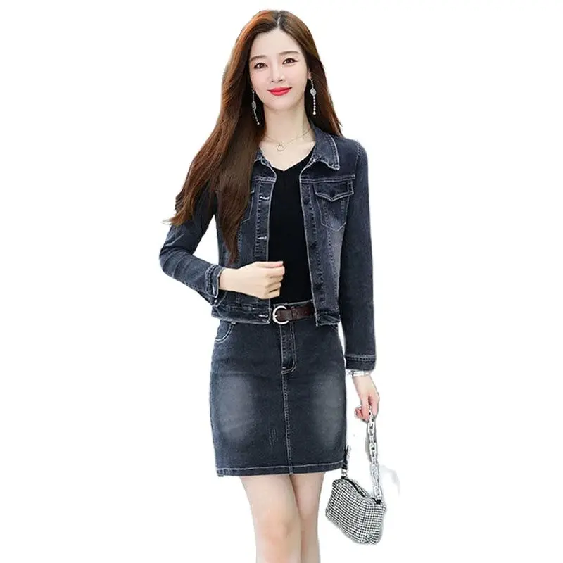 Black Denim Skirt Suit Women's 2022 Spring And Autumn New Twopiece