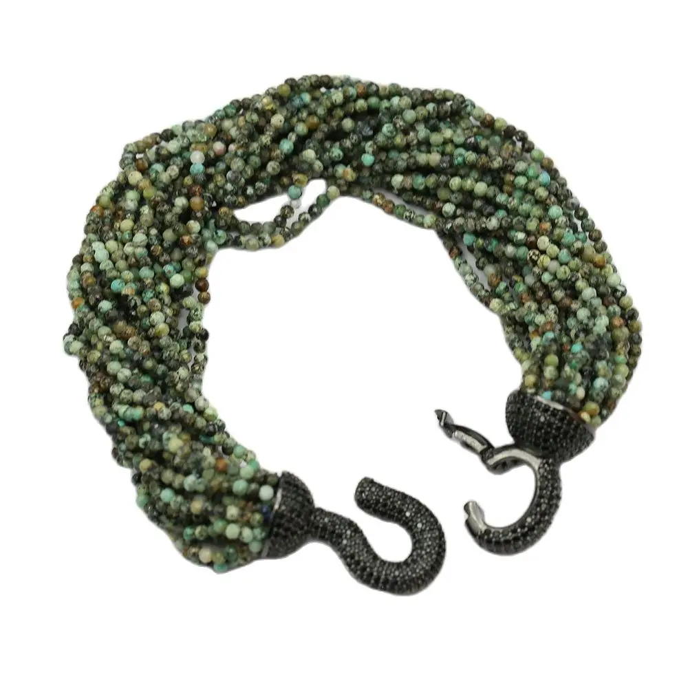 

GG Jewelry 20 Strands Natural Faceted Round Africa Turquoise Beads Bracelet Gunmetal Plated Black CZ Pave Clasp 8.5'' For Women