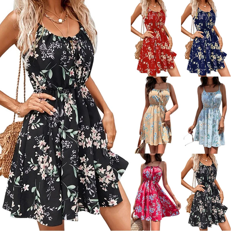 S409347354fed49fa9df08f6b358c29ceK European and American New Summer Elegant Sleeveless Dress Pullover Print Elastic Waist Strap Short Skirt for Women Mallzona