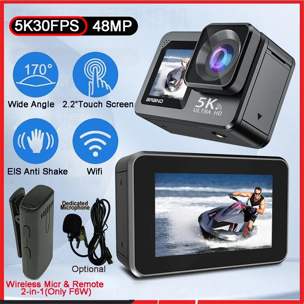 Caméra d'action F6W micro sans fil 5K 4K60FPS 48MP 2.2 "écran tactile LCD EIS double Wi-Fi 170D étanche 30M 8X Zoom caméra de sport