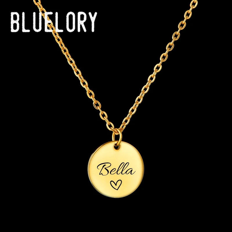 

Bluelory 16mm Personalized Laser Engraved Initials Name Round Necklace For Women 3 Color Stainless Steel Custom Letter Necklaces