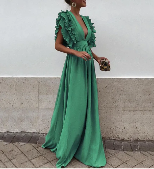 

Sexy Deep V Neck High Waist Ruffle Short Sleeve Oversized Swing Dress Solid Color Long Party Evening Dress Women Summer Fashion