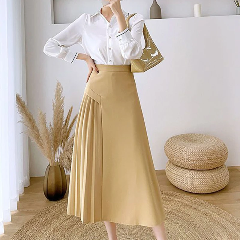 [MONOHA] High-Waisted A-Line Cotton Skirt – Korean Commuter Style (Drawstring Waist, Lined)