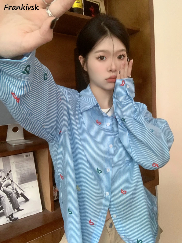 

Striped Shirts Women Spring Summer Korean Preppy Style Chic Youthful Vitality Long Sleeve All-match High Street Clothing College