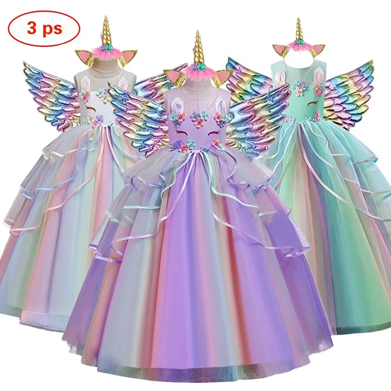 어린이 생일 파티 유니콘 인쇄 레이스 패널 원피스 소녀 역할 드레싱, 3-12 세 할로윈 소녀 원피스, 신제품