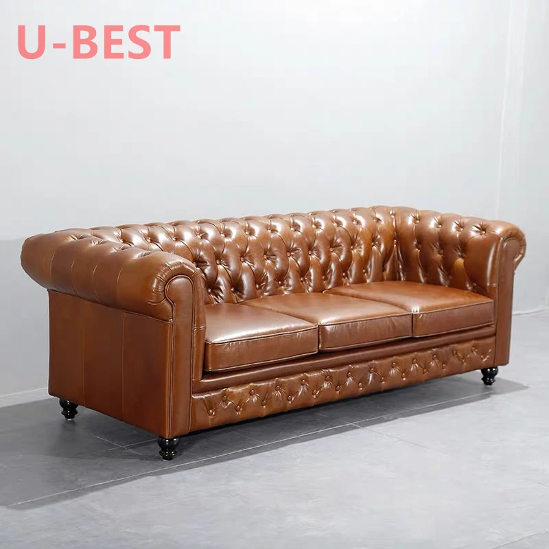U-BEST Europe Classic Vintage 3 Seat Living Room Couch Leather Sofa Luxury Chesterfield Sofa Sectional Cama 2 Plazas