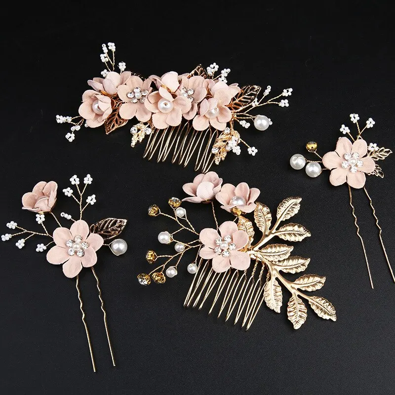 Bridal Hair Accessories European Gold Leaf Plate Handmade 4-piece Set Bride Crown Flowers Comb