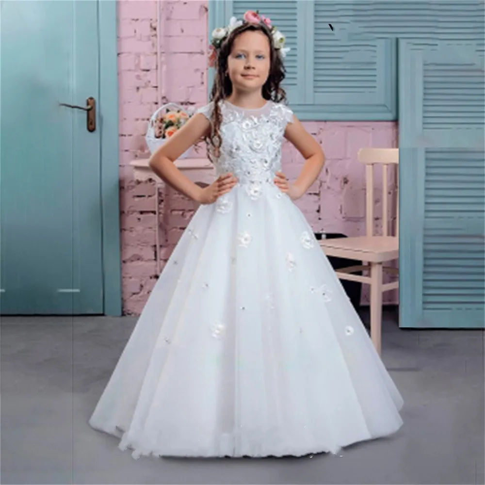 

Puffy Tulle Emboridery Lace Applique Flower Girl Dress Kids Princess First Communion Dress Girl Wedding Party Birthday