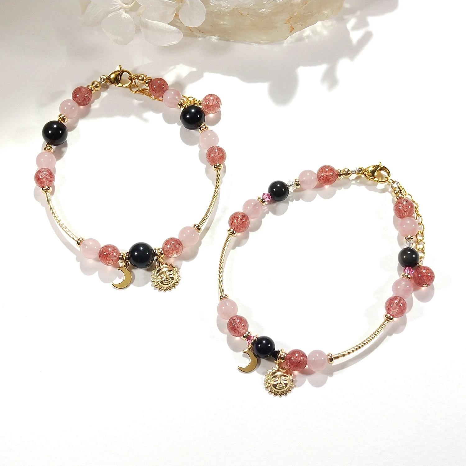 

Lii Ji Strawberry Quartz Rose Quartz Obsidian 6mm/8mm American 14K Gold Filled Charms Bracelet Handmade Fashion Jewelry
