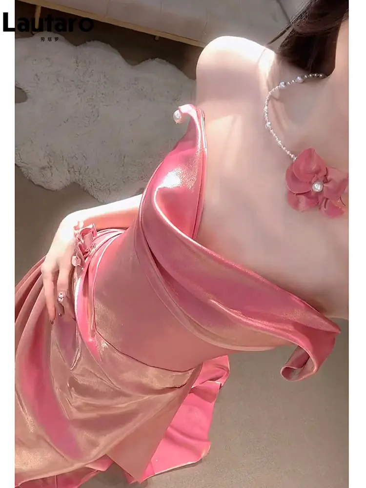 Lautaro Spring Summer Luxury Sexy Backless Sleeveless Evening Party Wedding Birthday Prom Pink Strapless Dress for Women 2026