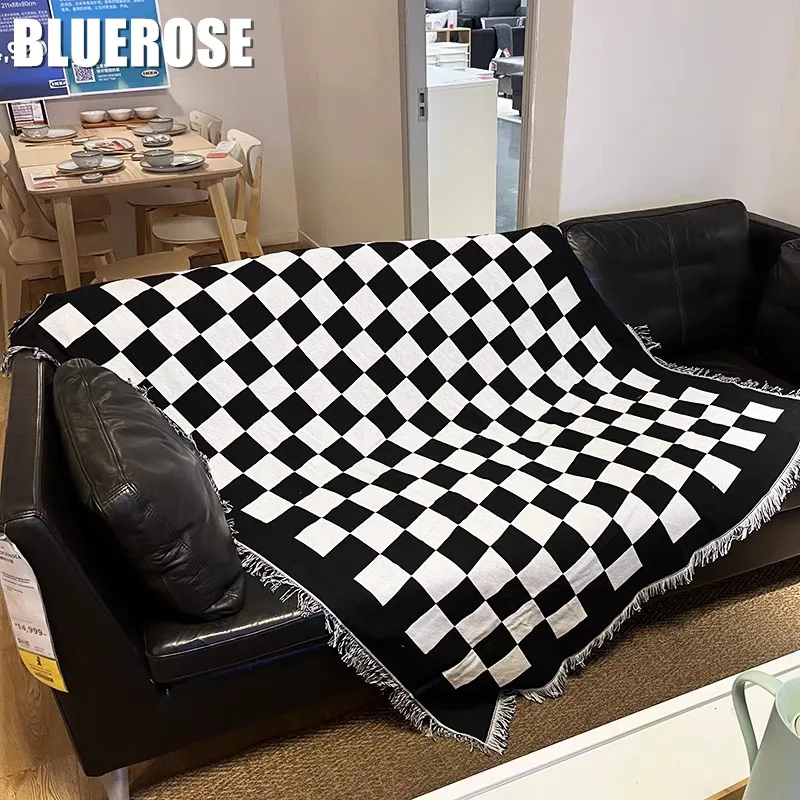 

Black White Sofa Towel Couch Cover Woven Blankets for Beds Outdoor Camping Mat Nap Wall Tapestry Checkered Contrasting Blanket