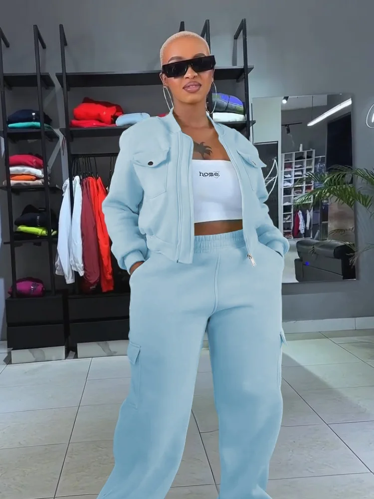 Wmstar Two Piece Sets Women Wholesale Fleece Hoodie Multi-pocket Pants Sportswear and Casual Set for Autumn Winter Dropshopping