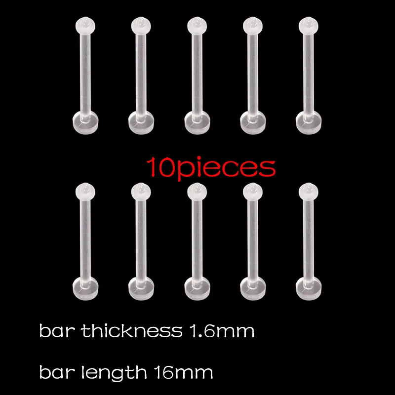 10PCS 도매 보이지 않는 혀 반지 피어싱 바 아크릴 플라스틱 실리콘 안티 알레르기 펑크 쥬얼리 1.6mm 14-16mm 남자