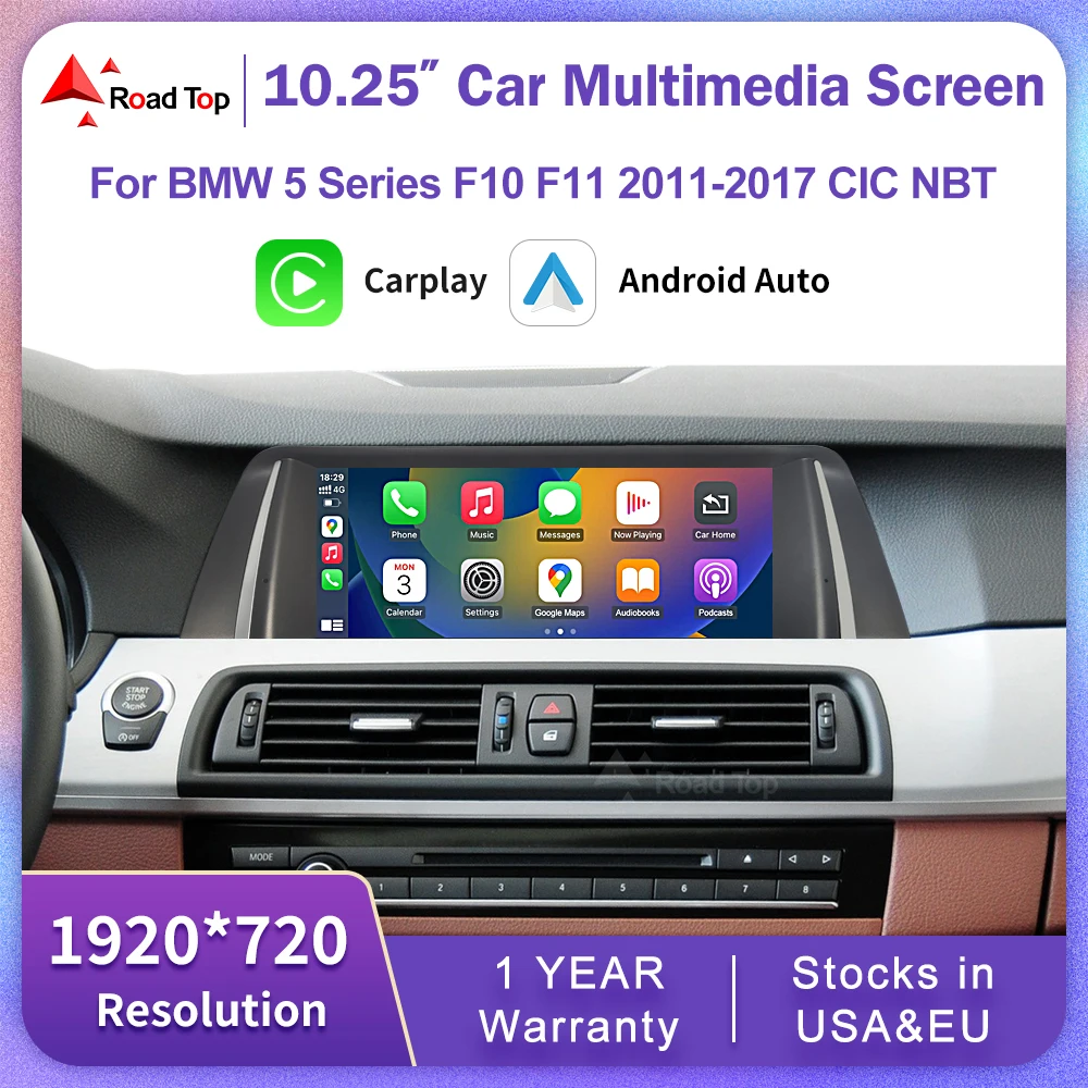 Écran d'autoradio sans fil Android, Carplay, Affichage automatique, Limitation 1920x720, BMW Série 5, F10, F11, CIC, Système NBT, 2011-2017 1