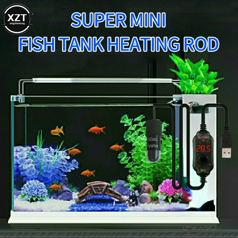 Mini Aquarium Heating Rod Fish Tank Submersible Thermostat 18-34&deg;C Adjustable USB Charge