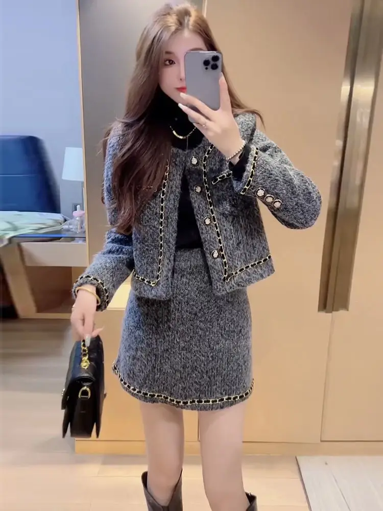 

UNXX French High-End Chic Skirt Outfit for Women - Autumn/Winter New 2023 Woolen Coat and Midi Skirt Set Female Girl Office Lady