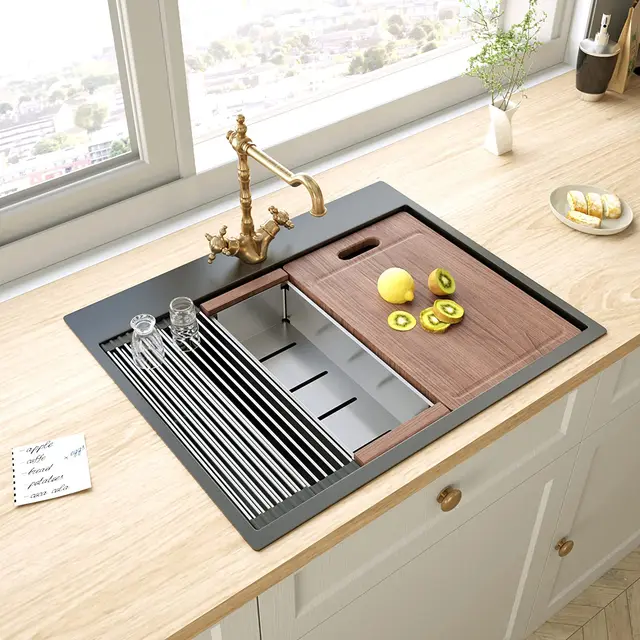 63 Workstation Sink - Double Bowl with Offset Drains - Reversible