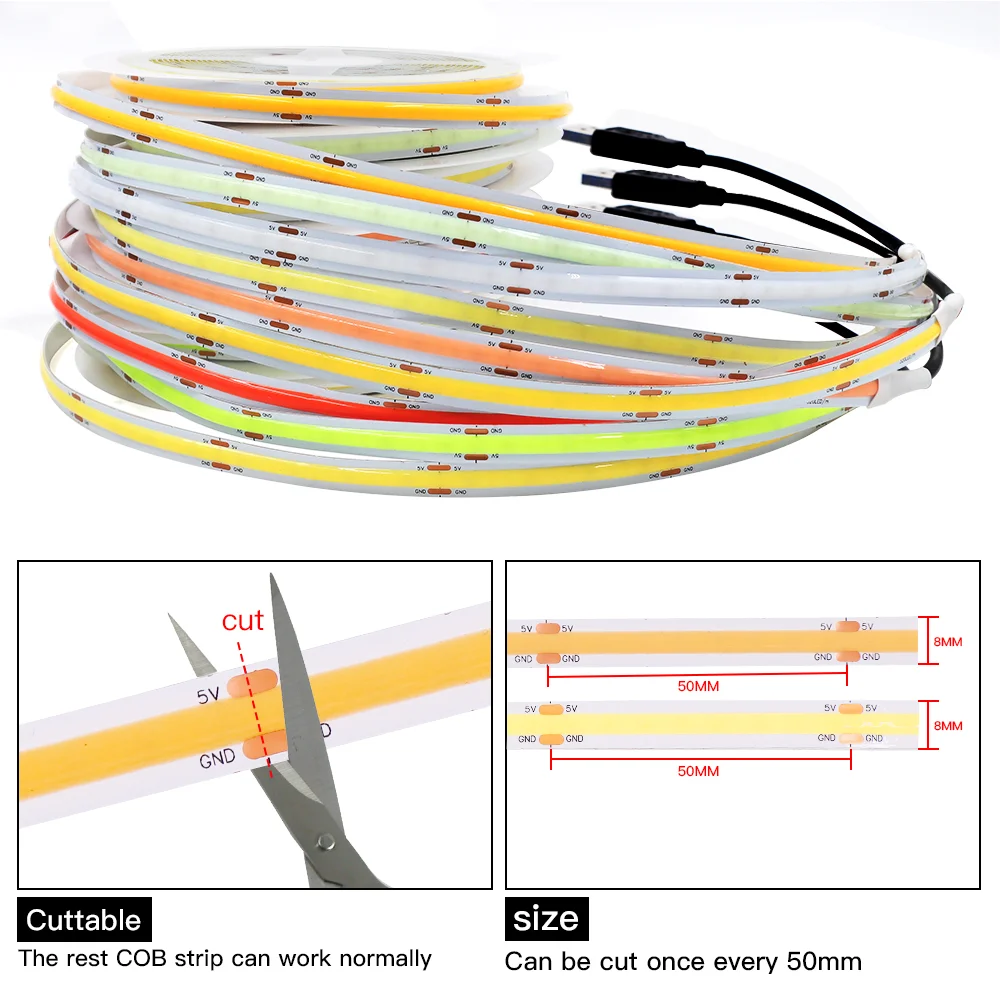 8mm COB LED Strip 5V 320LEDs/m High Density Soft LED Tape Light Bar 3000K 4000K 6000K Red Blue Green Powered by USB/2Pin Wire