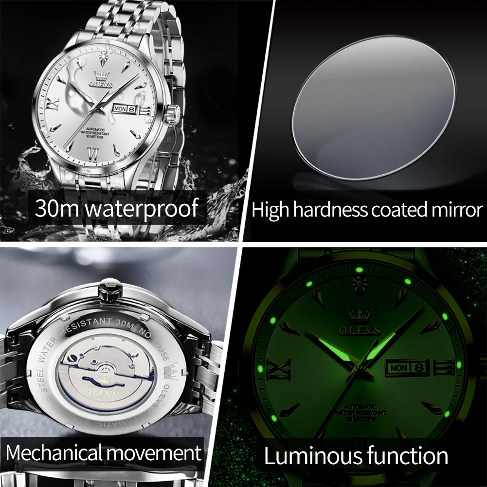 OLEVS Men's Mechanical Watch Waterproof Luminous Stainless Steel Grey Dial Business Automatic Watch for Men Week Date Wristwatch