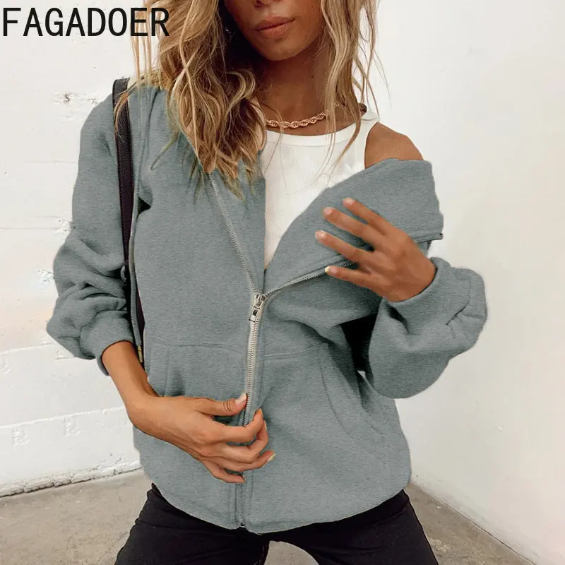 FAGADOER Casual Zipper Hooded Long Sleeve Coat Women Solid Color Loose Sport Clothing Spring New With Pocket Top 2023 Streetwear