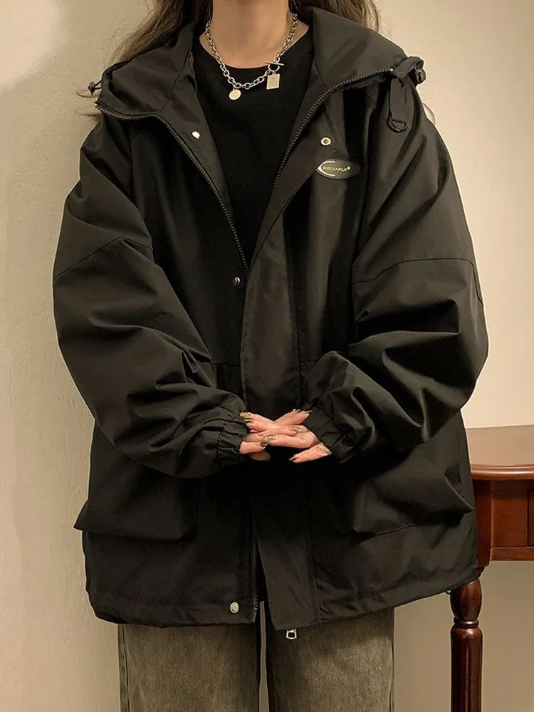 Oversized Hooded Jacket Women Vintage Loose Windbreaker Jackets Female Korean Stylish Harajuku Casual Zipper Coat Lady 2023 New