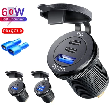 Presa per caricabatterie USB per auto di tipo c 12/24V Presa per caricabatterie USB a tre porte USB-C PD e doppia QC 3.0 per auto moto barca camper