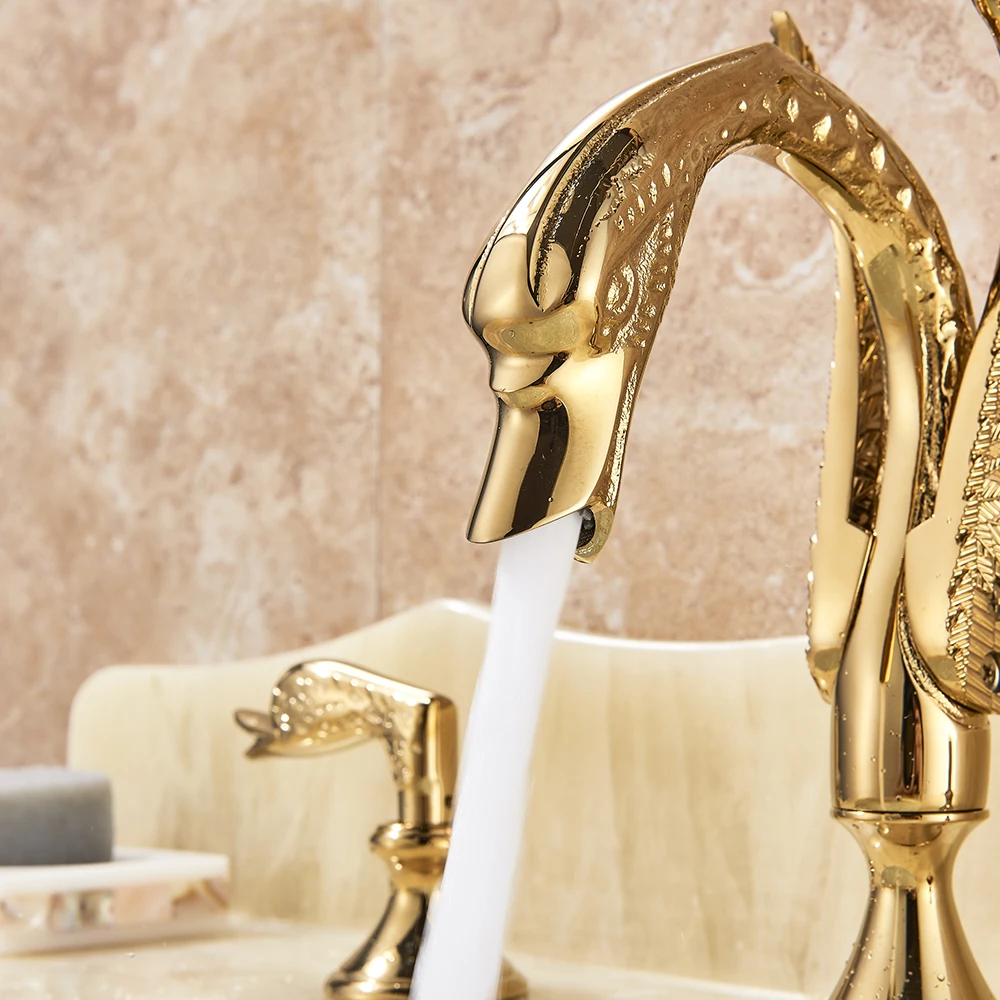 

Luxury Bathroom Faucet Brass Golden Swan Shape Basin Tap Dual Handle Deck Mount Mixer Tap Sink Faucets Hot And Cold Water Mixe