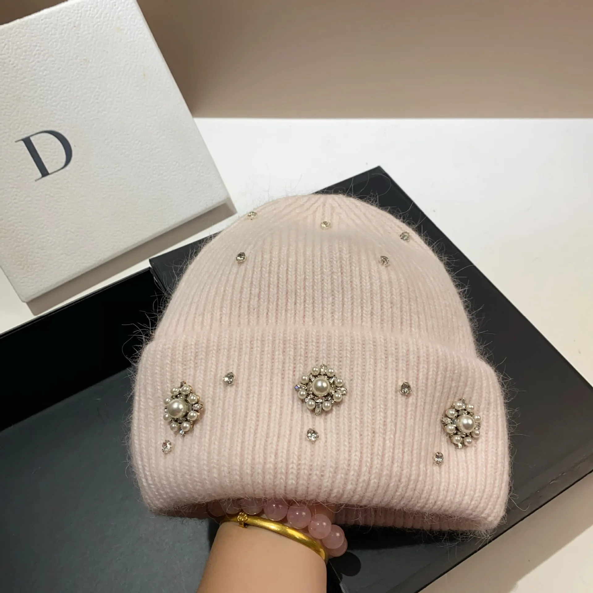 Luxus Strass Winter Hüte für Frauen Warme Beanie Echt Kaninchen Fell Gestrickte Hut Designer Marke Dame Casual Motorhaube Skifahren Kappe – Detail 6