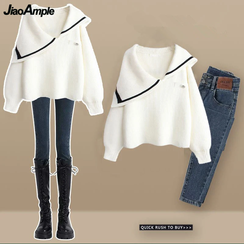 Women Autumn Winter Sailor Collar Sweater 2023 New Preppy Style Knit Pullover Denim Pants Two Piece Set Lady Tops Jeans Outfits