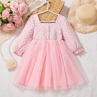 Robe de princesse rose pour filles, Style automne-hiver, manches bulles, Texture perle, haut, jupe en Tulle, taille, nœud papillon, élément doux 2