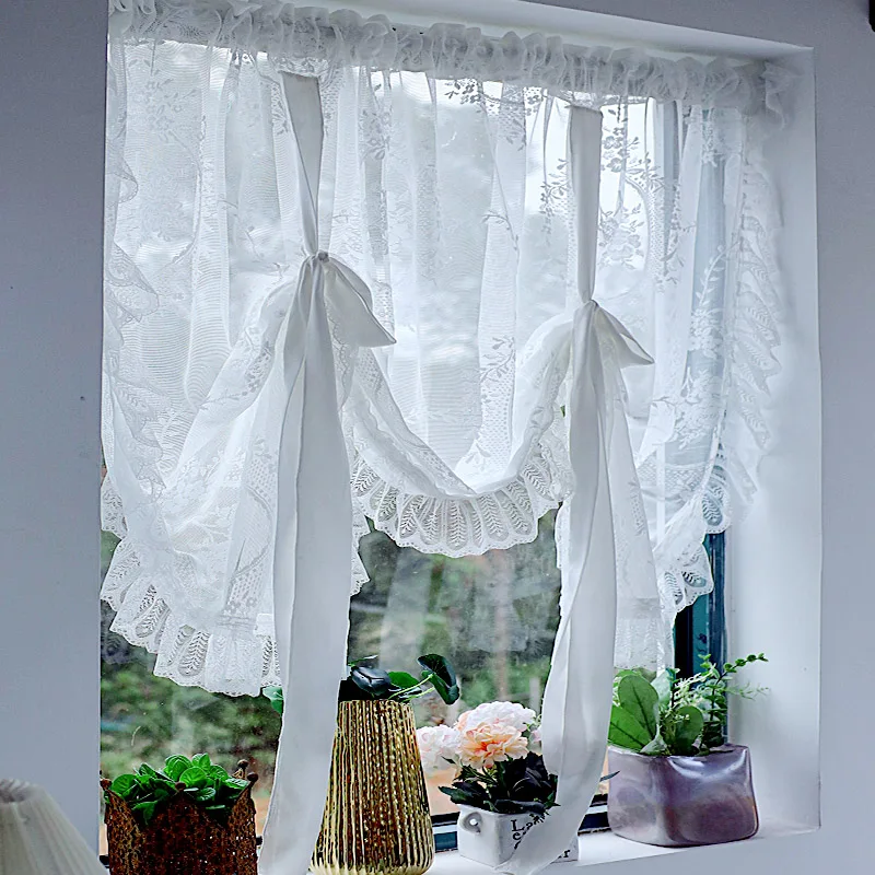 

Korean minimalist white lace gauze pull up curtain for small windows, no punching, half curtain, lace up gauze curtain