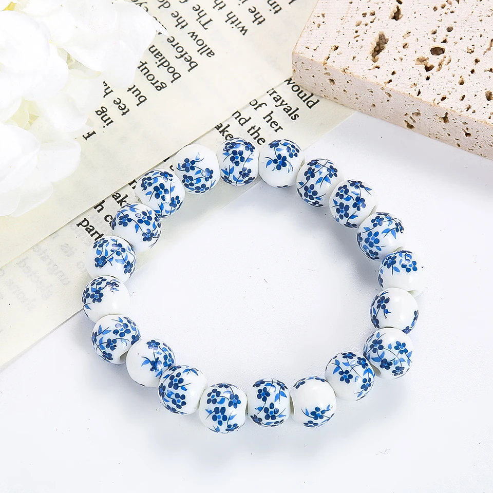 Dreuyet Bracciale Donna In Porcellana Blu E Bianco - Perline Ceramiche Stile Etnico Vintage Con Motivi Girasole E Geometrici, Regalo Elegante