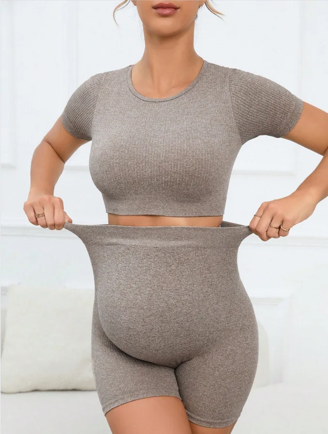 Women's Maternity 2 Piece Seamless Short Sleeve Crop Top Legging Sets Workout Casual 4