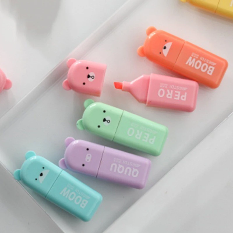 6PCS/Set Bear Mini Fluorescent Highlighter Pen Kawaii Pastel Marker Pens Stationery Material Escolar Papelaria School Supplie